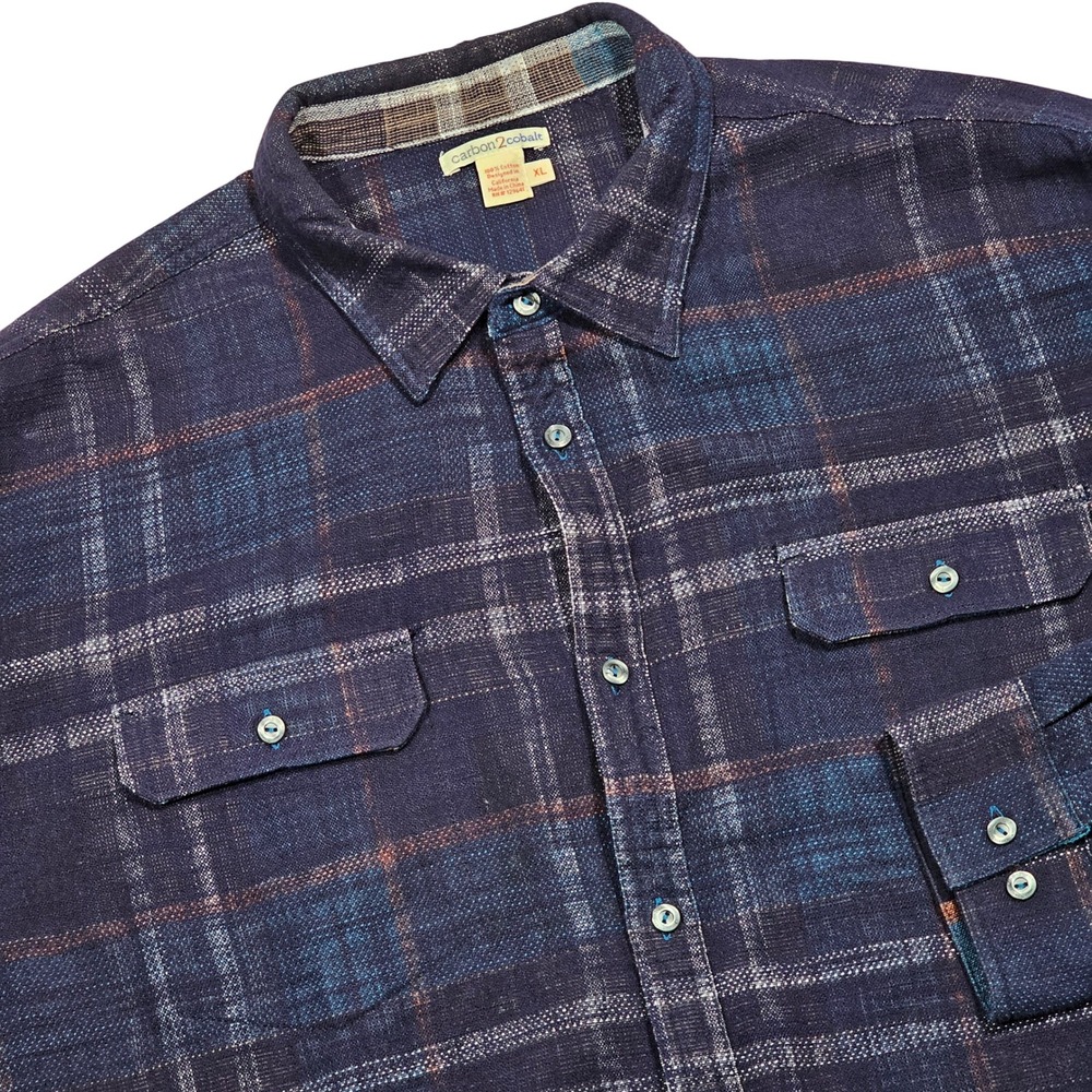 Carbon 2 Cobalt Button Up Mens XL Blue Plaid Textured Cotton Rugged Cabincore